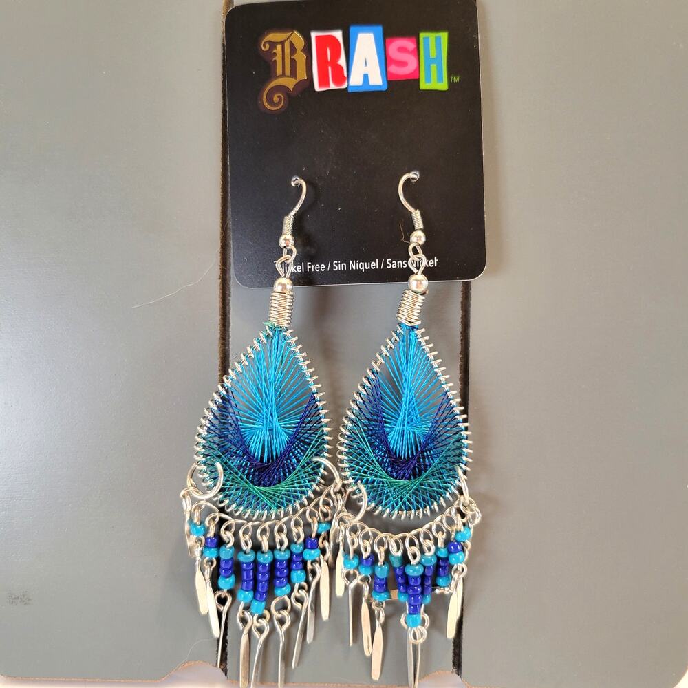 Blue Thread Teardrop Earrings Beaded Fringe Dangle 4.06" Nickel Free Brash Beads